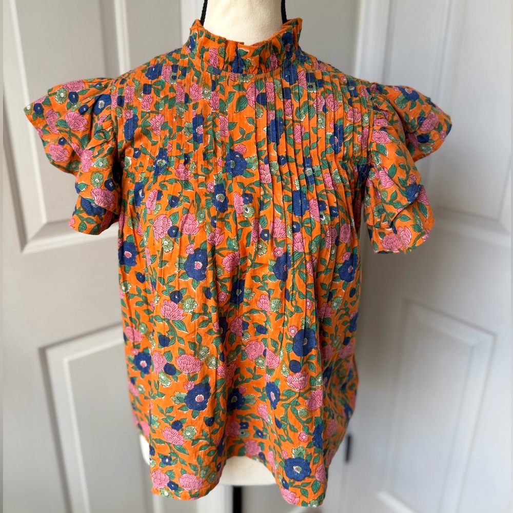 Sohana Blouse Size XS Orange and Blue Flutter Top